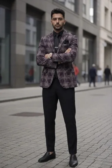 Sacou barbati in carouri slim fit grena B4980 Z4-5